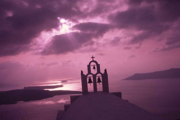 Greece, Santorini Island, Church steeple at night
